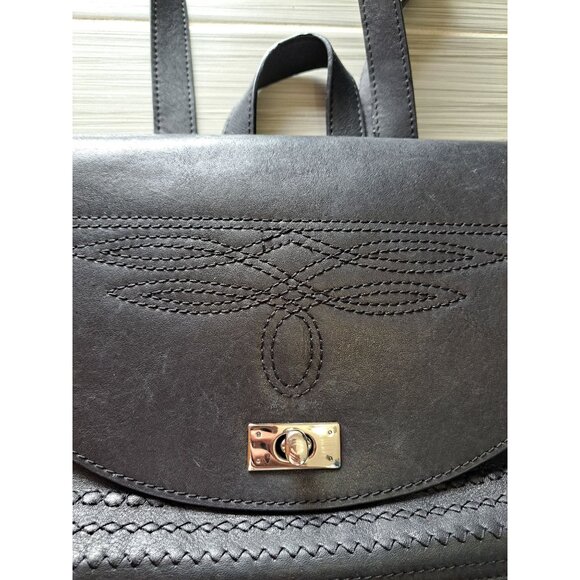 Valez Black Fringe Leather Backpack Embroidered Flap Turn-Lock Closure Large - Picture 5 of 16